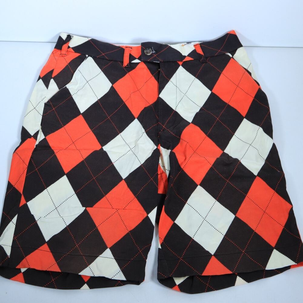 Loudmouth Men's Flat Front Golf Shorts Argyle Brown Orange Cream Size 34